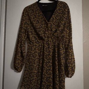 Zara Brown and Black Ruched Wrap Dress with Bishop Sleeves